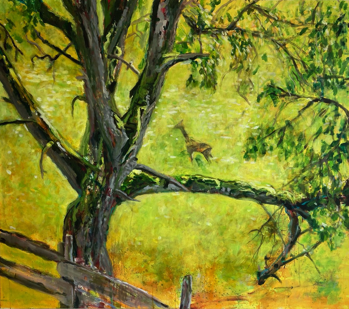 Das Reh und der Baum, Leinwand auf Acryl, 140x160