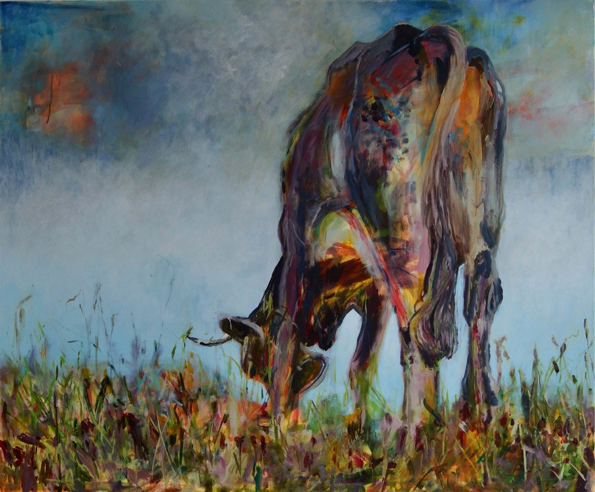 Kuh beim Grasen, Acryl auf Leinwand, 100x120
