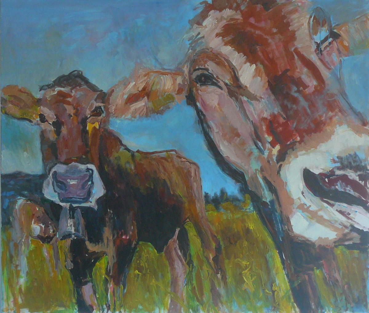 Neugierige Kühe, Acryl auf Leinwand, 120x140